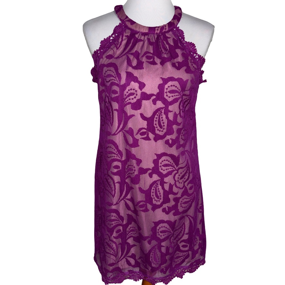Skies Are Blue Purple Lace Midi Dress